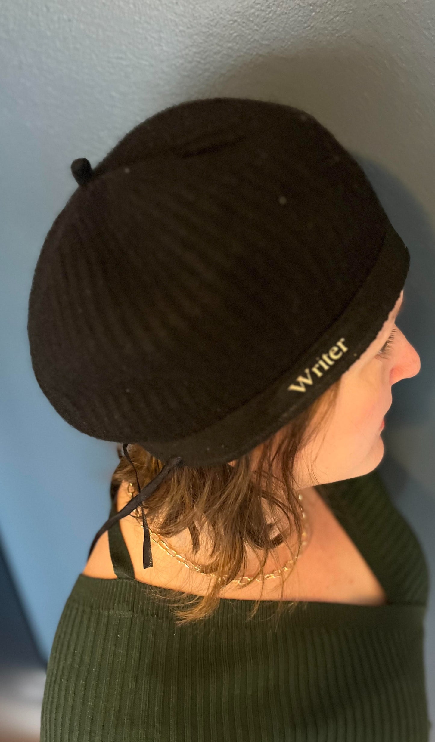 Upcycled 'Secret Writer' Wool-Blend Beret Hat, Black, S/M (New + Adorned)